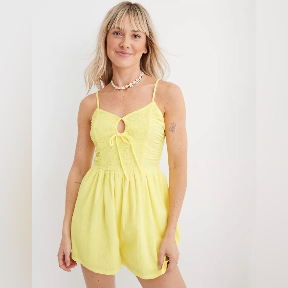AERIE Smocked Keyhole Romper; Yellow. NWT
